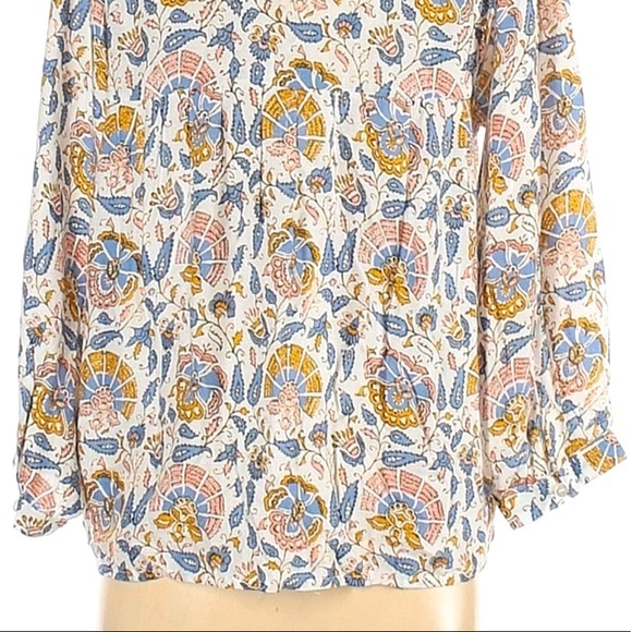 Lucky Brand size SP blouse blue & ivory BOHO 3/4 sleeves w keyhole & tassel ties - Picture 9 of 15